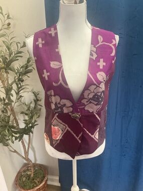Womens Purple Silk Tie Back Suit Vest Patchwork Floral Yasuko Boho Fairy